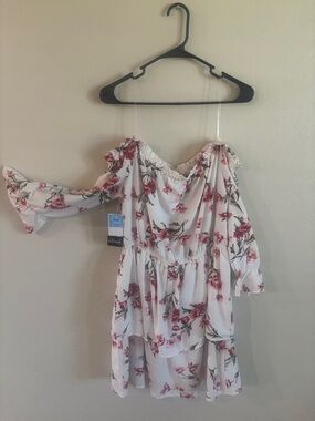 Off-Shoulder White Midi Dress with Pink Floral Print